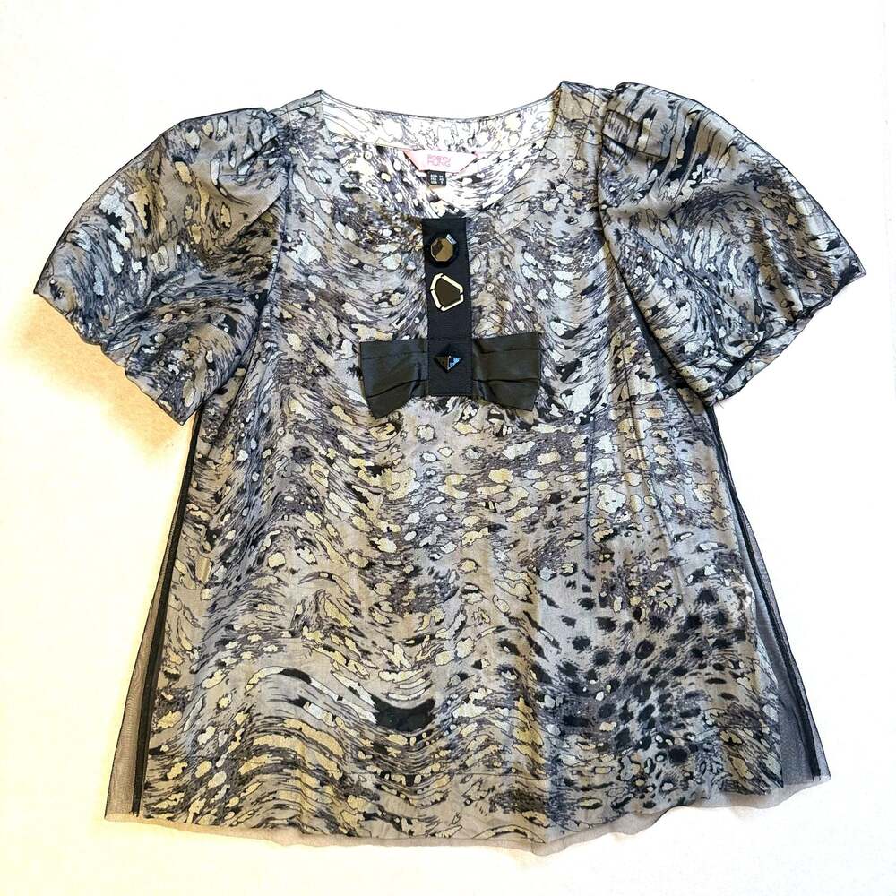 Robyn Hung Women’s Silk Blouse Size M Gray Black Abstract Bow Statement Top